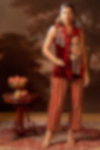 Red Velvet Applique Embroidered Blazer Set by Soup by Sougat Paul at Pernia's Pop Up Shop