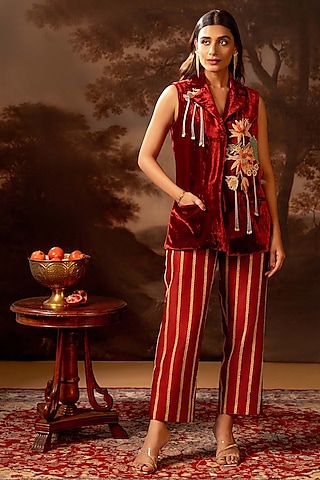 Red Velvet Applique Embroidered Blazer Set by Soup by Sougat Paul