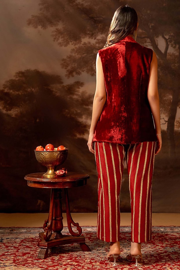 Red Velvet Applique Embroidered Blazer Set by Soup by Sougat Paul at Pernia's Pop Up Shop
