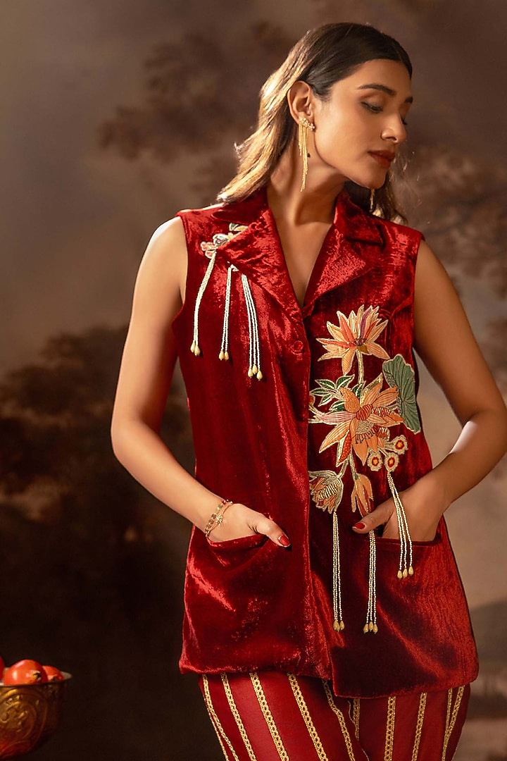 Red Velvet Applique Embroidered Blazer Set by Soup by Sougat Paul at Pernia's Pop Up Shop