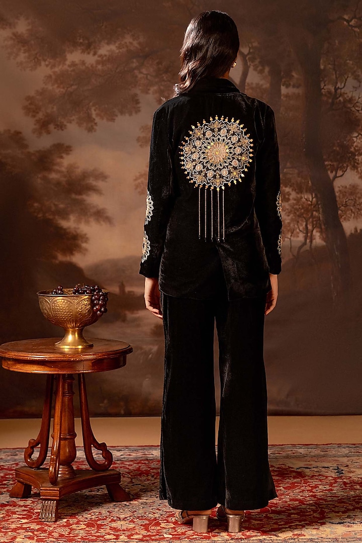 Black Velvet Applique Embroidered Blazer Set by Soup by Sougat Paul at Pernia's Pop Up Shop