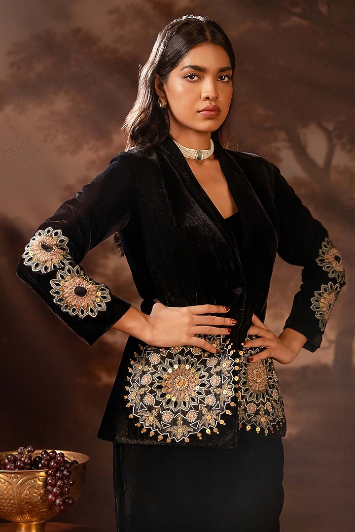 Black Velvet Applique Embroidered Blazer Set by Soup by Sougat Paul at Pernia's Pop Up Shop
