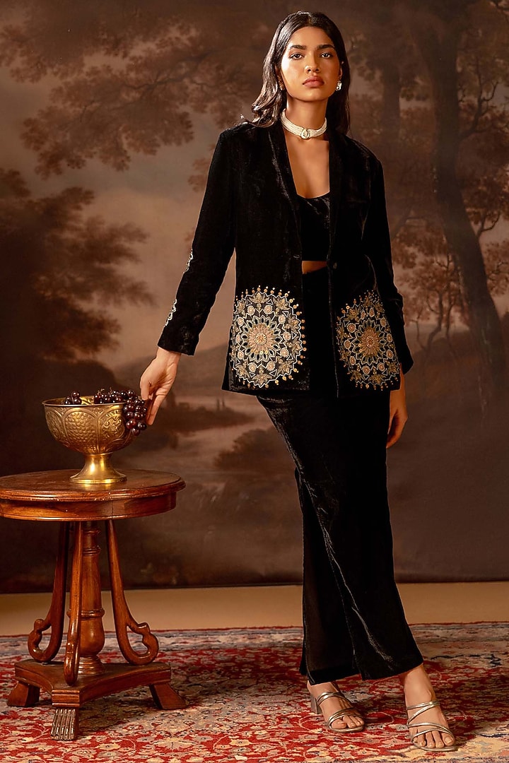 Black Velvet Applique Embroidered Blazer Set by Soup by Sougat Paul at Pernia's Pop Up Shop