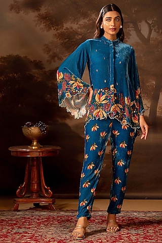 Blue Velvet Embellished Co-Ord Set by Soup by Sougat Paul