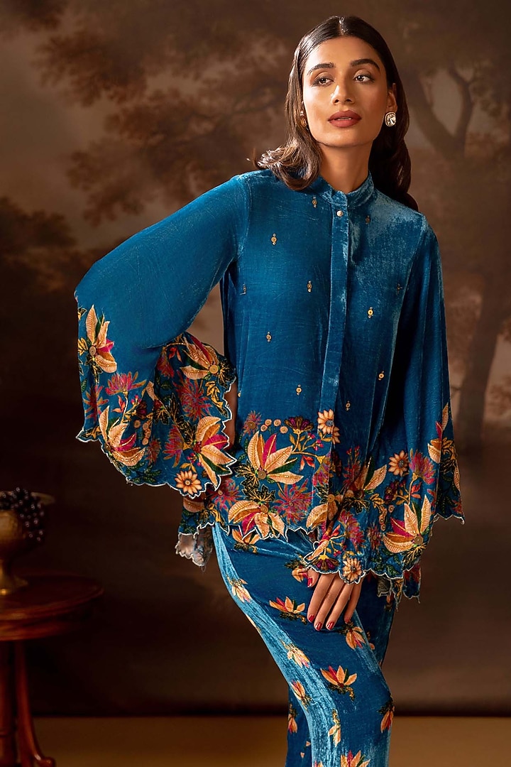 Blue Velvet Embellished Co-Ord Set by Soup by Sougat Paul at Pernia's Pop Up Shop