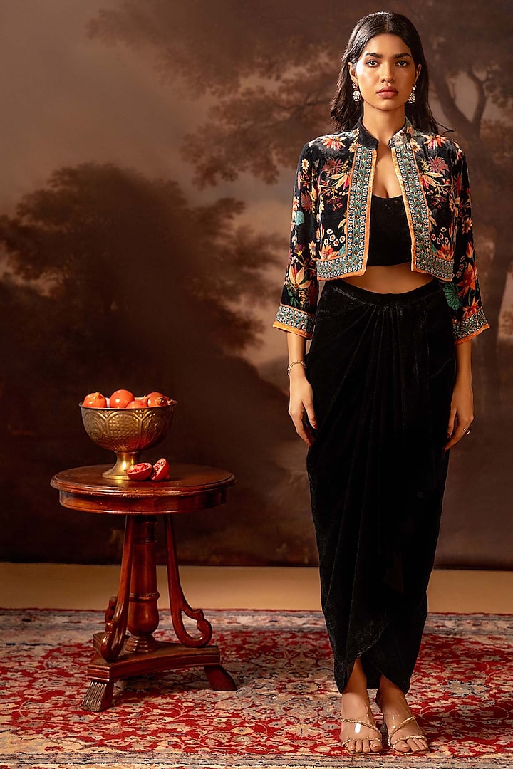 Black Velvet Embroidered Jacket Set by Soup by Sougat Paul at Pernia's Pop Up Shop