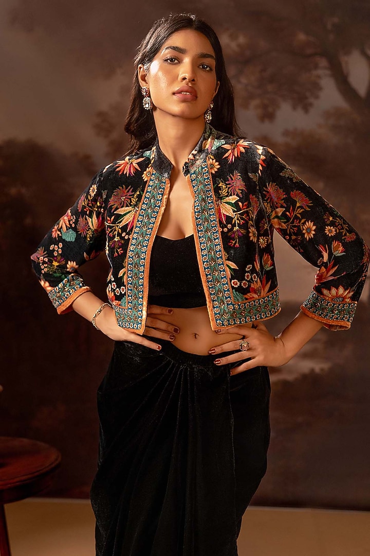 Black Velvet Embroidered Jacket Set by Soup by Sougat Paul at Pernia's Pop Up Shop