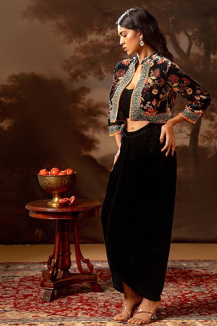 Black Velvet Embroidered Jacket Set by Soup by Sougat Paul at Pernia's Pop Up Shop