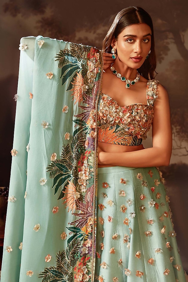 Blue Silk Embroidered Wedding Lehenga Set by Soup by Sougat Paul at Pernia's Pop Up Shop