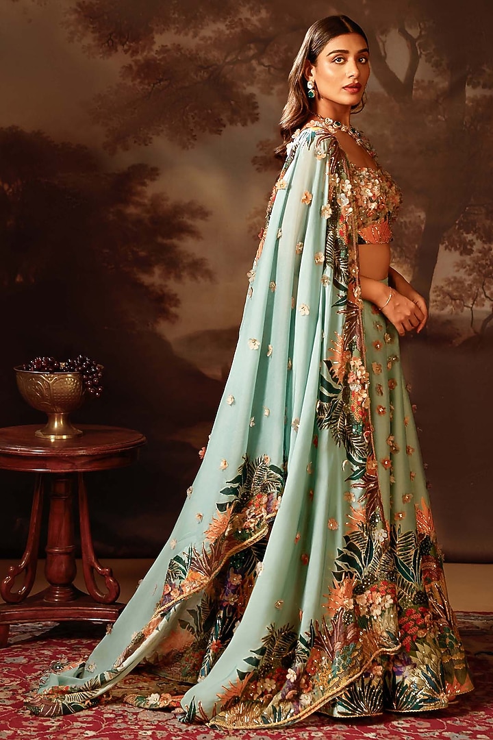 Blue Silk Embroidered Wedding Lehenga Set by Soup by Sougat Paul at Pernia's Pop Up Shop