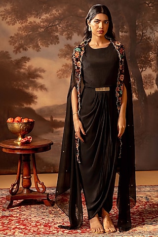 Black Organza Embroidered & Printed Jacket Dress by Soup by Sougat Paul