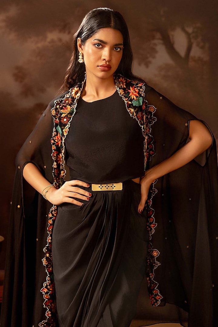 Black Organza Embroidered & Printed Jacket Vacation Dress by Soup by Sougat Paul at Pernia's Pop Up Shop
