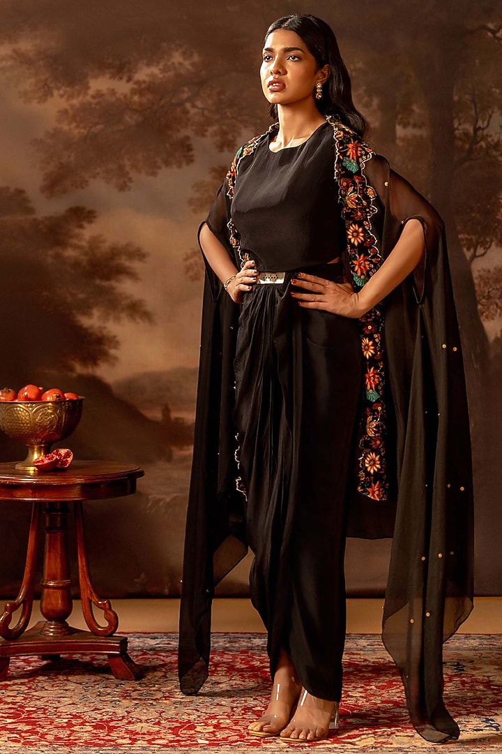 Black Organza Embroidered & Printed Jacket Vacation Dress by Soup by Sougat Paul at Pernia's Pop Up Shop