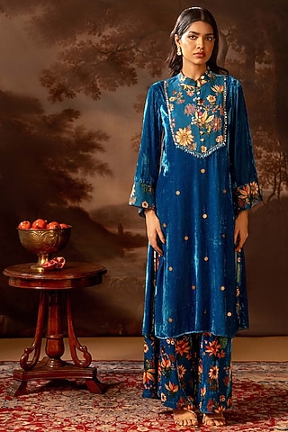 Blue Velvet Embroidered Kurta Set by Soup by Sougat Paul