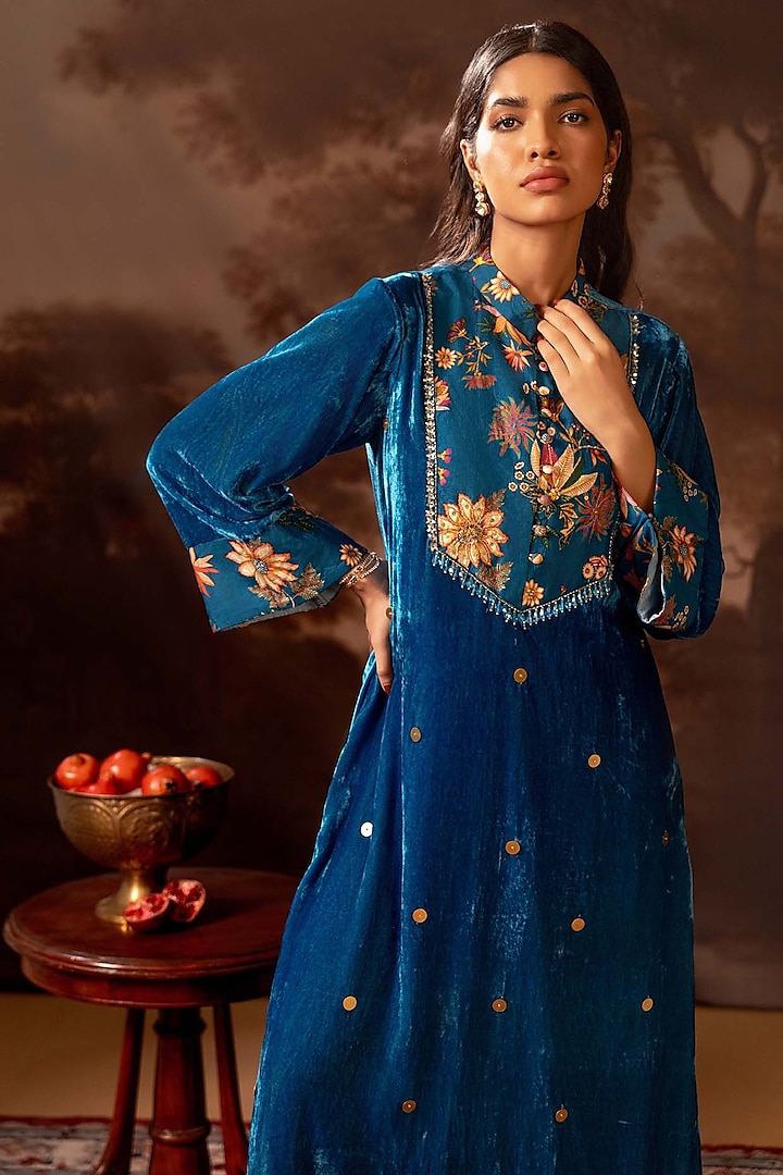 Blue Velvet Embroidered Kurta Set by Soup by Sougat Paul at Pernia's Pop Up Shop