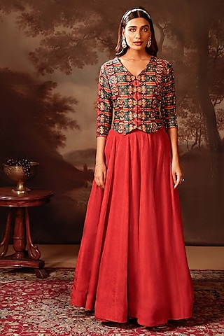 Red Organza Printed Lehenga Set by Soup by Sougat Paul