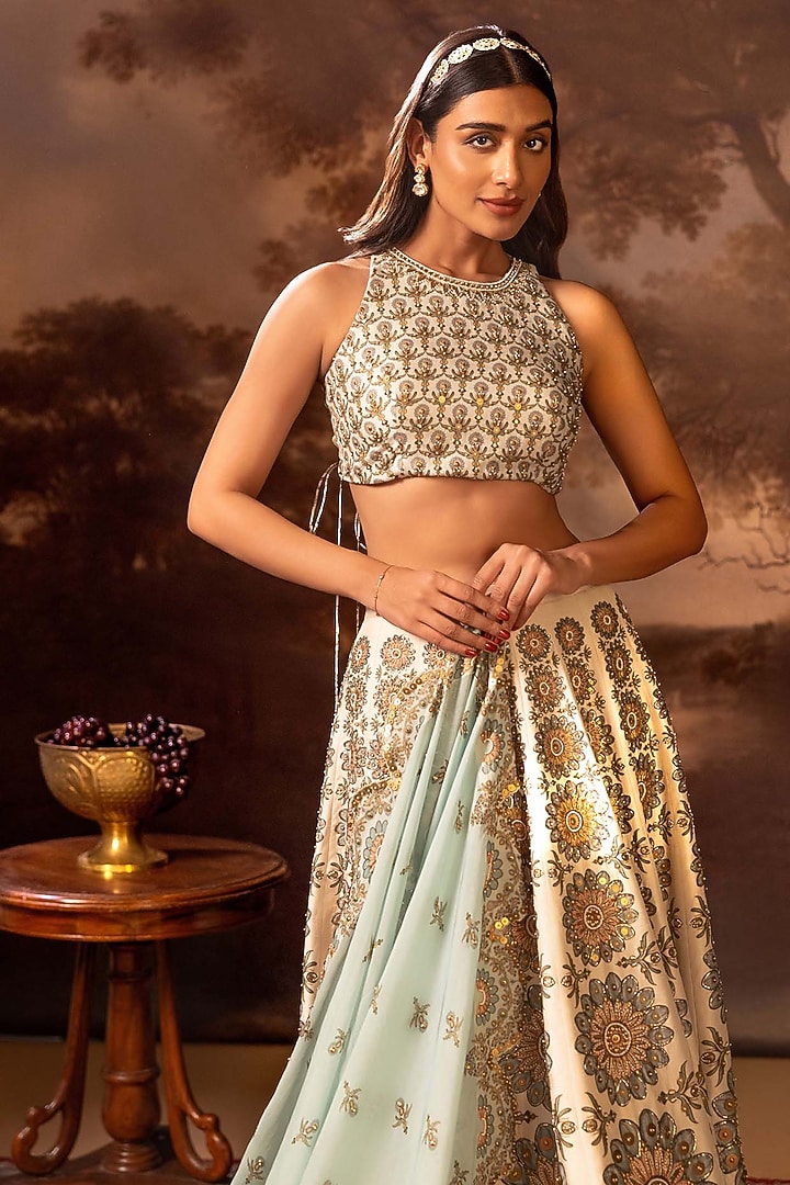 Beige Silk Embroidered Wedding Lehenga Set by Soup by Sougat Paul at Pernia's Pop Up Shop