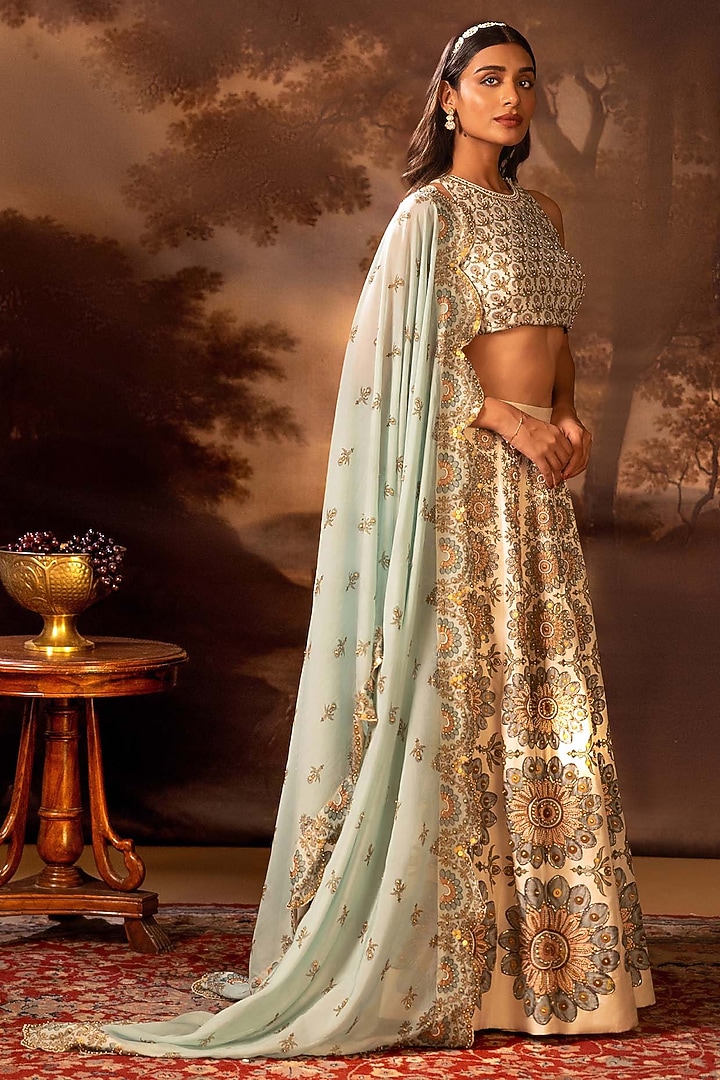 Beige Silk Embroidered Wedding Lehenga Set by Soup by Sougat Paul at Pernia's Pop Up Shop