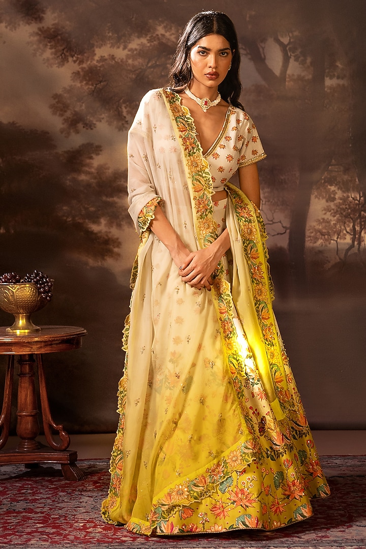 Yellow Silk Embroidered Wedding Lehenga Se by Soup by Sougat Paul at Pernia's Pop Up Shop