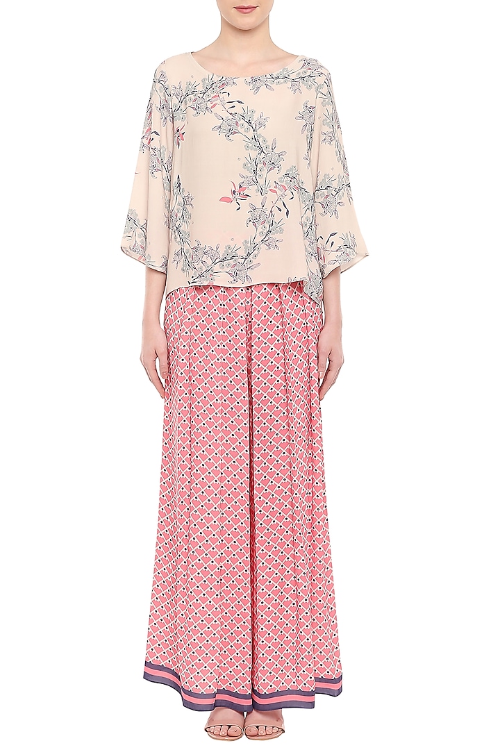 Off White Printed Top With Pink Palazzo Pants by Soup by Sougat Paul