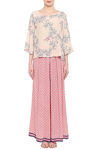 Off White Printed Top With Pink Palazzo Pants by Soup by Sougat Paul
