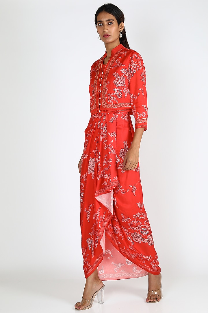 Red Printed Draped Dress With Jacket by Soup By Sougat Paul