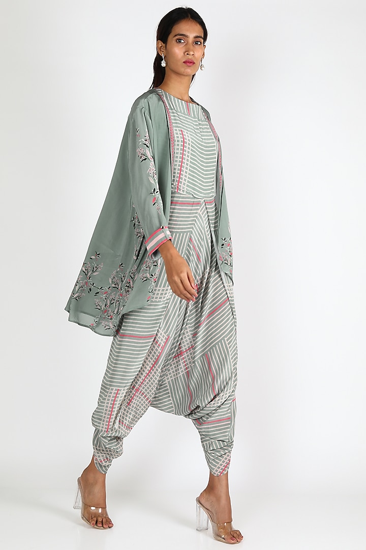 Blue Printed Dhoti Jumpsuit With Jacket by Soup By Sougat Paul