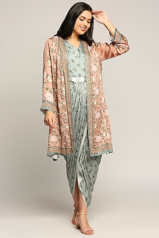 Peach & Mint Green Printed Jacket Dress by Soup by Sougat Paul