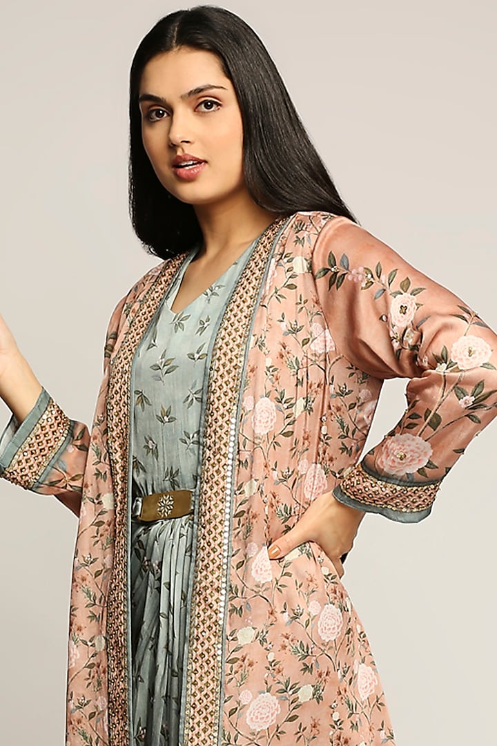 Peach & Mint Green Printed Jacket Vacation Dress by Soup by Sougat Paul at Pernia's Pop Up Shop