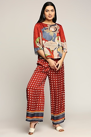 Dark Red Printed Skirt Set by Soup by Sougat Paul