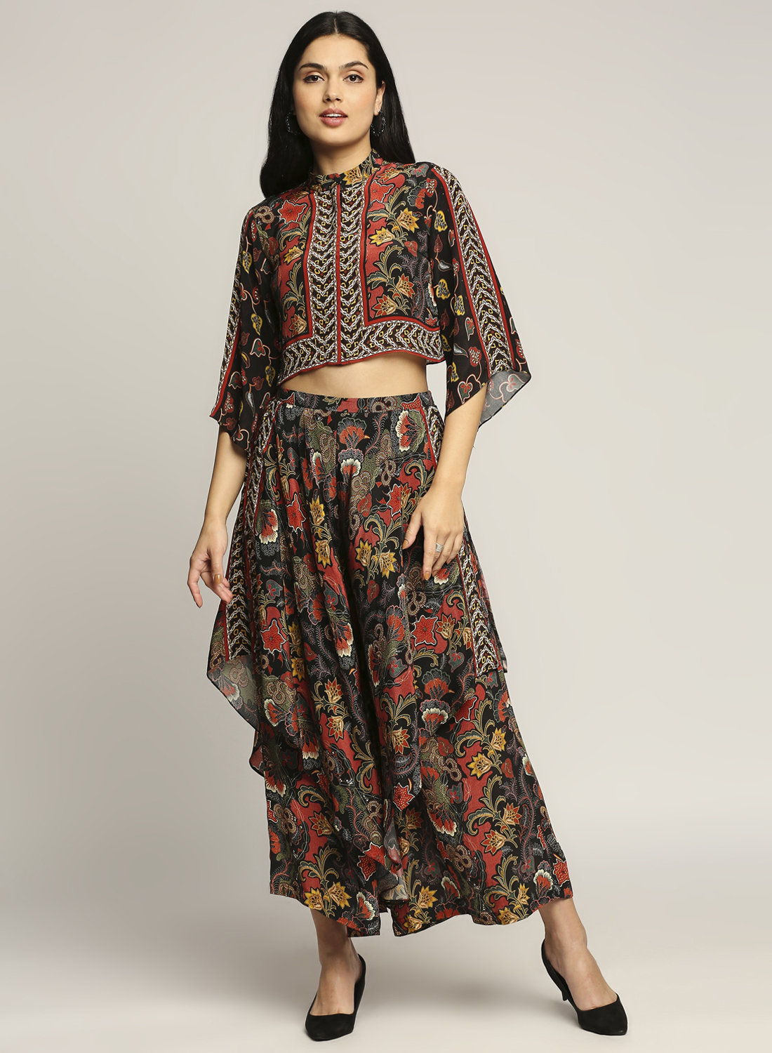 Black Printed Layered Pant Set by Soup by Sougat Paul at Pernia's Pop Up Shop