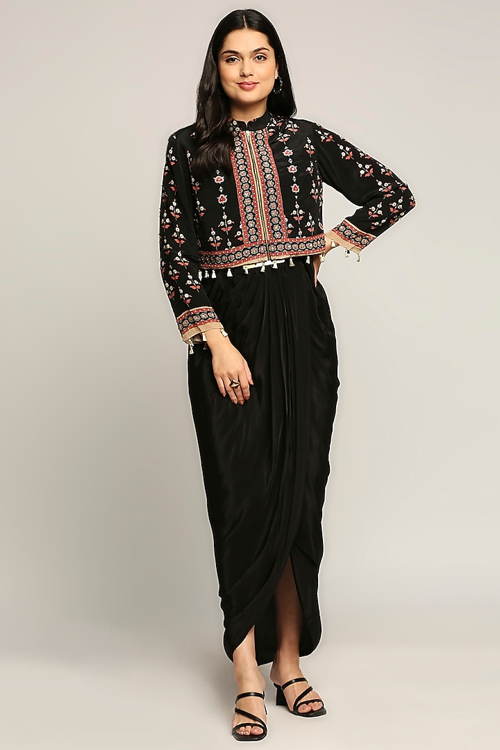 Black Printed Draped Skirt Set by Soup by Sougat Paul at Pernia's Pop Up Shop