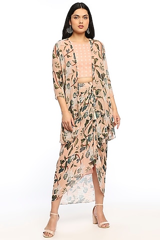 Peach Printed Jacket Set by Soup by Sougat Paul