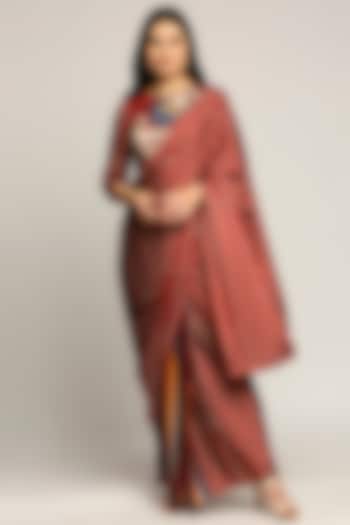 Dark Red Satin Printed Pre-Stitched Saree Set by Soup by Sougat Paul