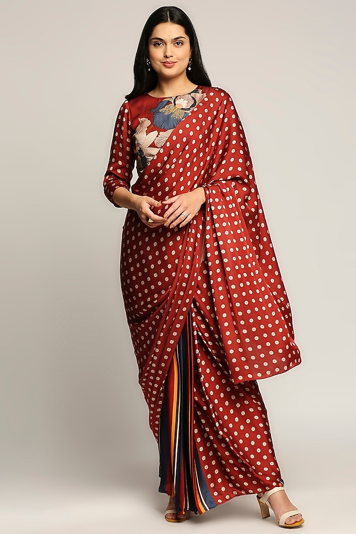 Dark Red Satin Printed Pre-Stitched Saree Set by Soup by Sougat Paul