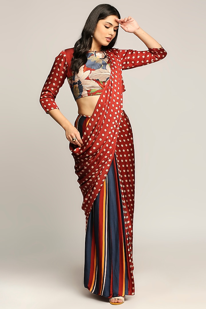 Dark Red Satin Printed Pre-Stitched Party Wear Saree Set by Soup by Sougat Paul at Pernia's Pop Up Shop