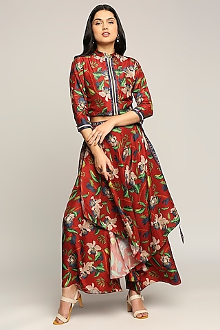 Dark Red Printed Jacket Set by Soup by Sougat Paul