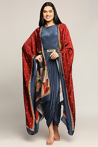 Navy Blue Draped Dress With Printed Cape by Soup by Sougat Paul