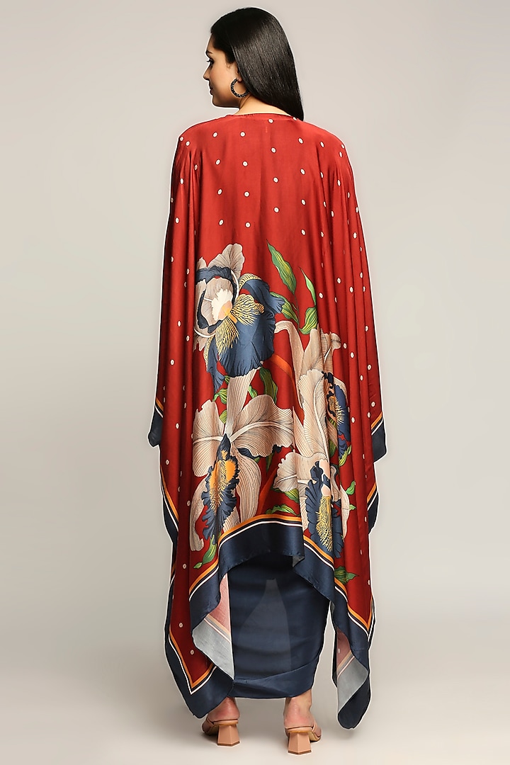Navy Blue Draped Vacation Dress With Printed Cape by Soup by Sougat Paul at Pernia's Pop Up Shop