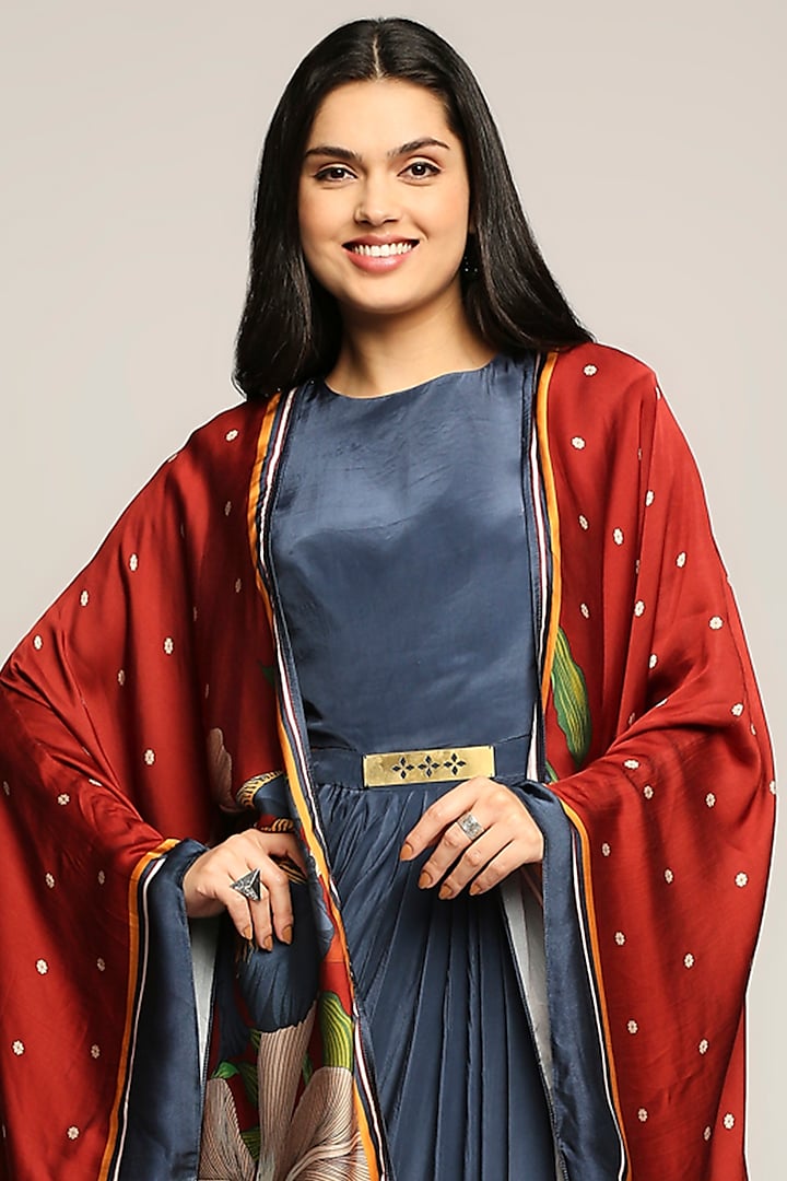 Navy Blue Draped Vacation Dress With Printed Cape by Soup by Sougat Paul at Pernia's Pop Up Shop