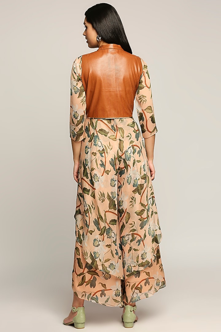 Peach Printed Jumpsuit With Leather Jacket by Soup by Sougat Paul at Pernia's Pop Up Shop