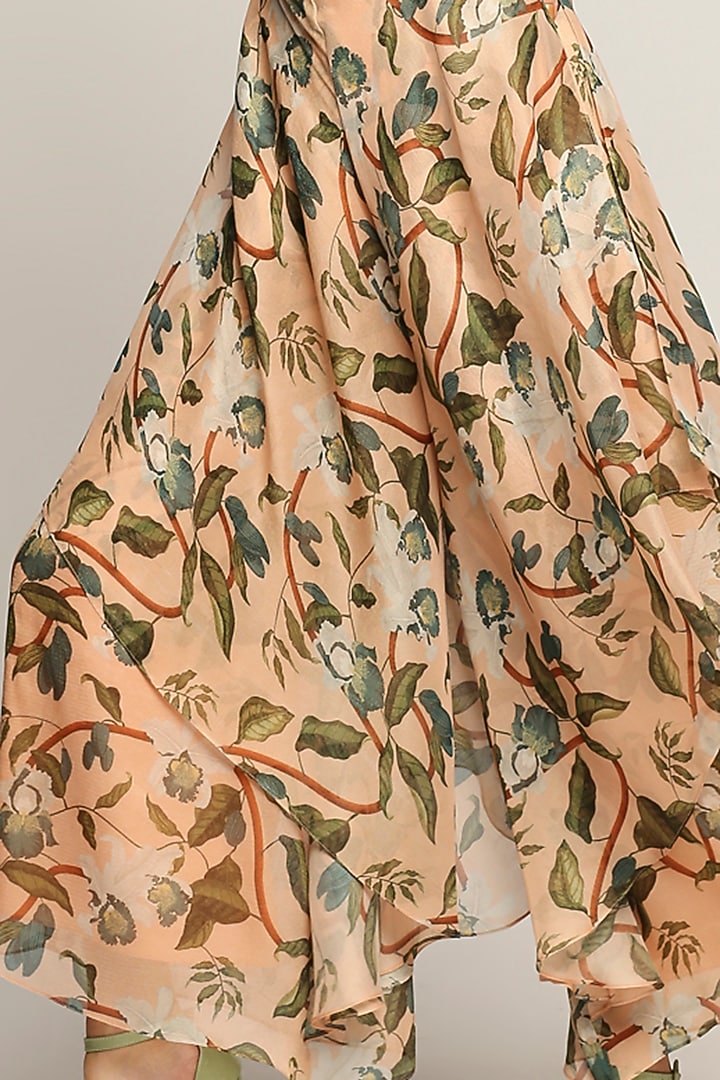 Peach Printed Jumpsuit With Leather Jacket by Soup by Sougat Paul at Pernia's Pop Up Shop