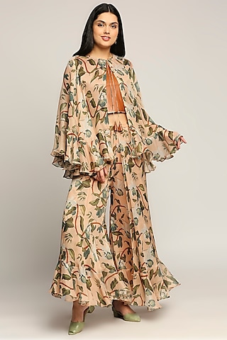 Peach Printed Jacket Set by Soup by Sougat Paul
