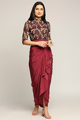 Wine Georgette Draped Skirt Set by Soup by Sougat Paul