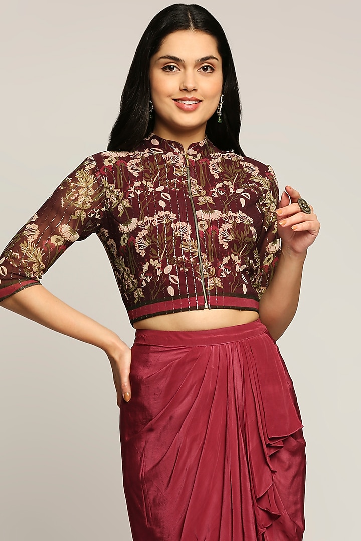 Wine Georgette Draped Skirt Set by Soup by Sougat Paul at Pernia's Pop Up Shop