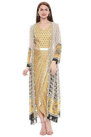 Yellow Printed Dress With Jacket by Soup by Sougat Paul