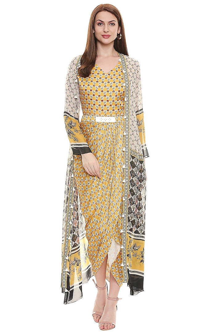 Yellow Printed Vacation Dress With Jacket by Soup by Sougat Paul at Pernia's Pop Up Shop