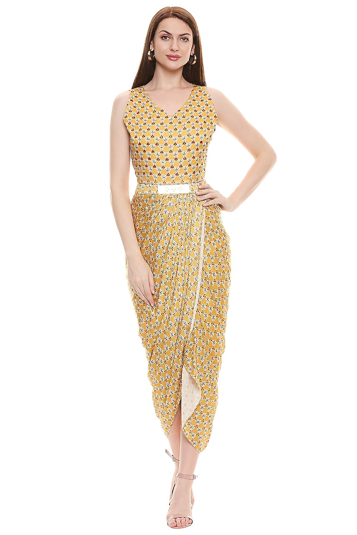 Yellow Printed Vacation Dress With Jacket by Soup by Sougat Paul at Pernia's Pop Up Shop