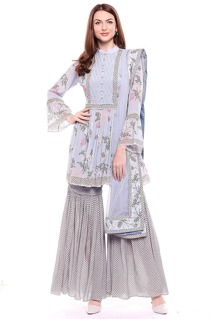 Powder Blue Printed Party Wear Sharara Set by Soup by Sougat Paul at Pernia's Pop Up Shop