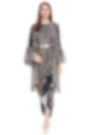 Navy Blue Printed Vacation Dress With Jacket by Soup by Sougat Paul at Pernia's Pop Up Shop